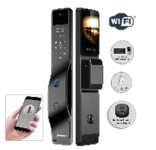 Series 4 WiFi-LE Smart Face Recognition&nbsp; Door Lock With Camera And screen with&nbsp; Active Doorbell Feature 2way Talk + Any&nbsp; Time Mobile App Unlock + Finger print +&nbsp; RFid + passcode + mechanical key + OTP
